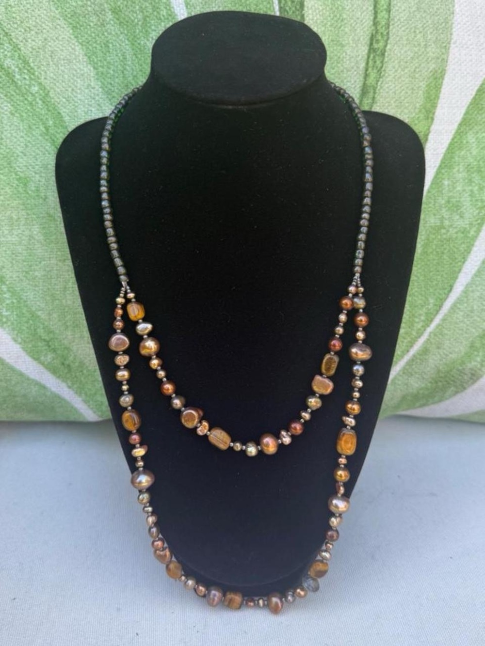 Peyote Bird Freshwater Pearl Tiger Eye Sterling Silver Layered Necklace